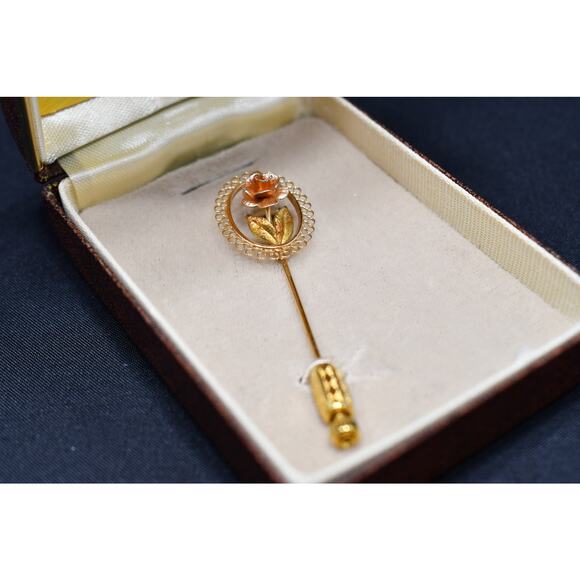 Vintage Signed Rose Flower Stick Pin, 14K Gold Overlay, In Original Box - Picture 2 of 10